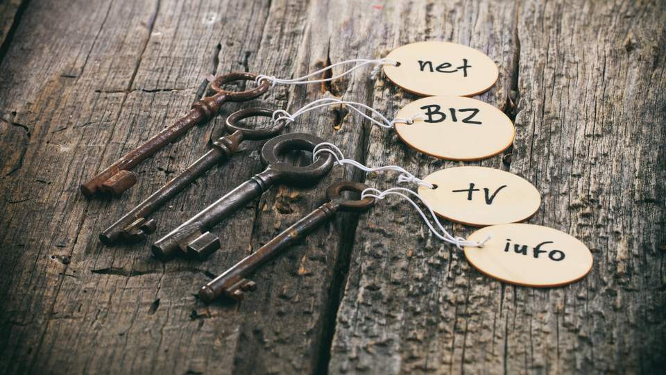 Houten labels met domeinnamen er op , vastgemaakt aan roestige oude sleutels.